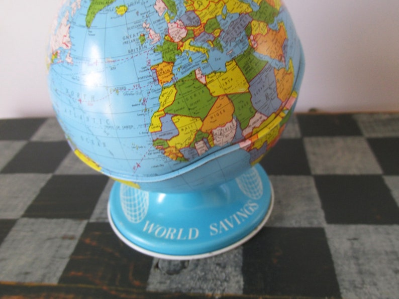 Tin Litho World Savings Bank Vintage Ohio Art Globe image 8