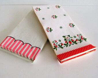 Mid Century Ladies Guest Towels Powder Room Disposable Towels Retro Print Pink Stripe Red Strawberries and Polka Dots