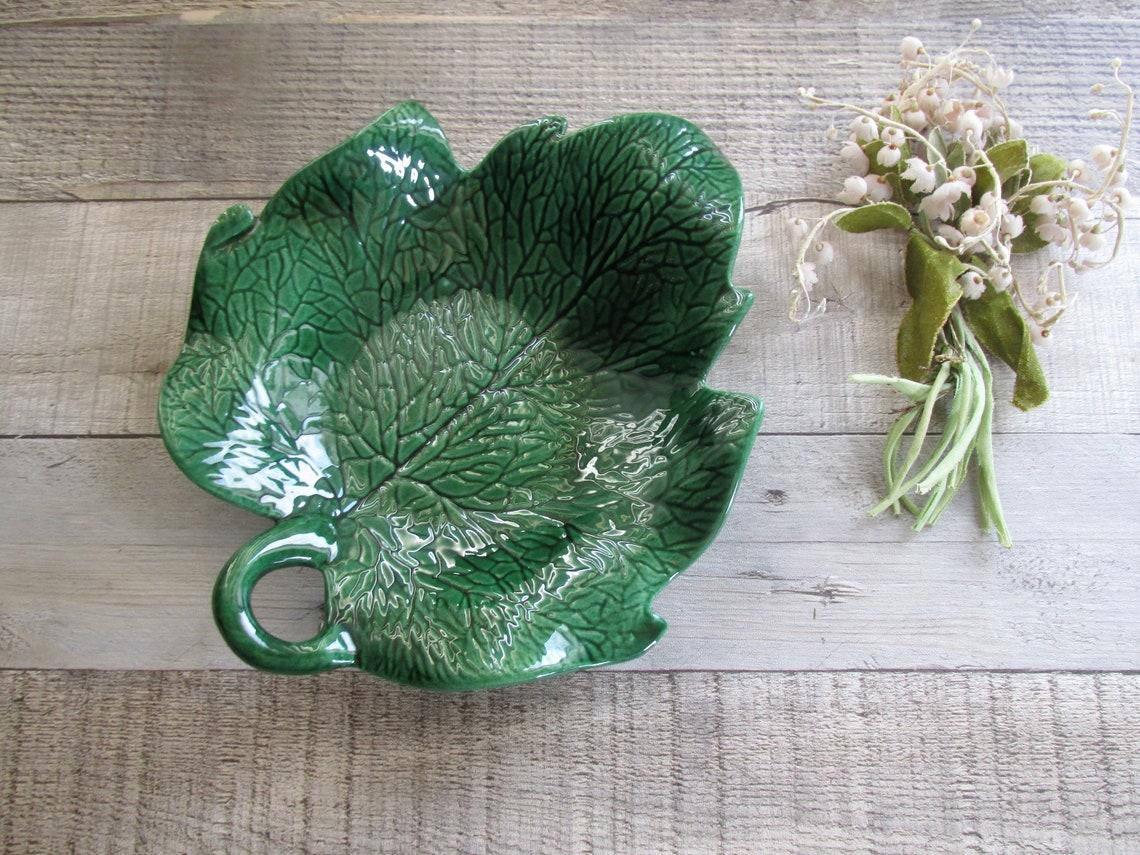 Green Leaf Candy Dish Mid Century Pottery Tidbit Dish Etsy