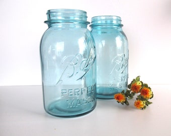 Vintage Mason Jars Ball Perfect Mason Aqua Glass Quart Size Canning Jar 1910s Farmhouse Wedding Decor