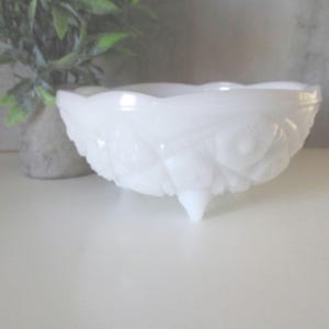 McKee Milk Glass Footed Bowl: 1940s Toltec Pattern, Scalloped Edge