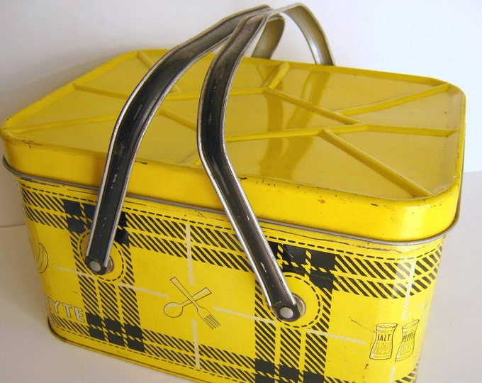 Vintage Yellow and Black Metal Picnic Basket Etsy