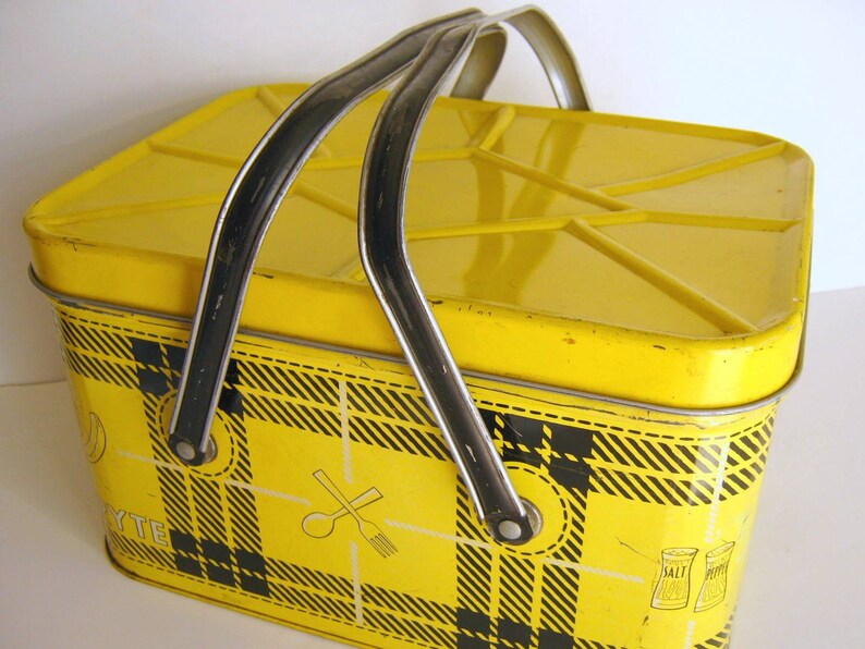 Vintage Yellow and Black Metal Picnic Basket image 1