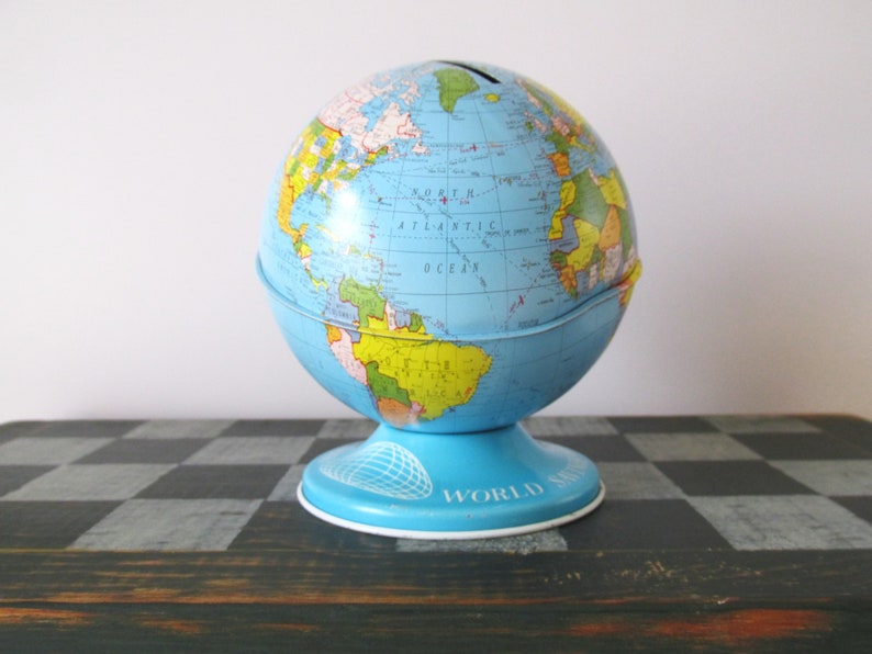 Tin Litho World Savings Bank Vintage Ohio Art Globe image 6