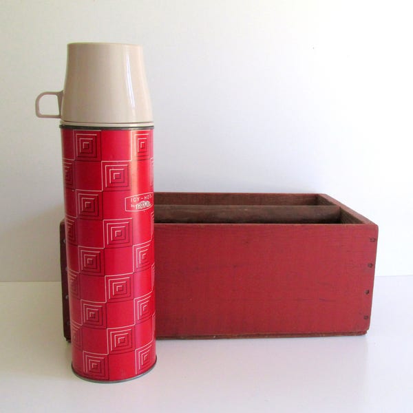 Vintage Red Black and White Thermos Icy Hot Camping Hiking Tailgate Picnic Thermos