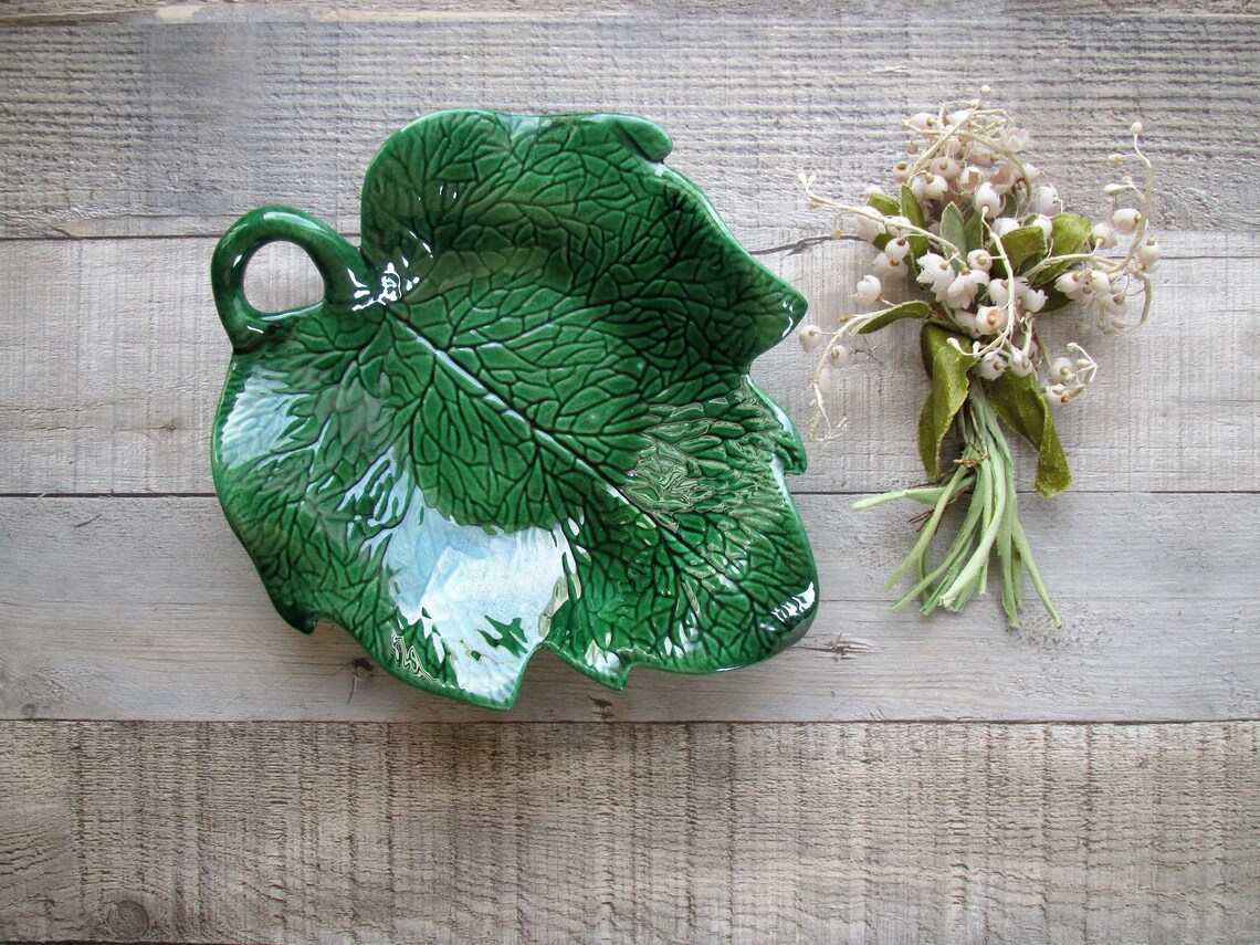 Green Leaf Candy Dish Mid Century Pottery Tidbit Dish Etsy