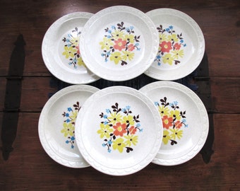 Homer Laughlin Granada Floral Dinner Plates Set of Six 1970's Mid Century Plates Vintage Plates