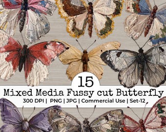 Mixed Media Fussy Cut Butterfly Floral Clipart – Distressed Yarn style Vintage old text Collage Ephemera Scrapbook Supplies | Set 12