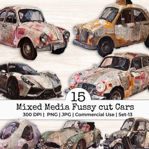 以下が含まれることがあります： 新聞の切り抜きを使ったコラージュ効果で作成された、15点のミクストメディアカーイラストのコレクション。車はピンク、黄色、グレー、茶色の色合いです。「Mixed Media Fussy cut Cars」というテキストが表示されています。