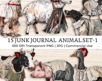 15 Junk Journal Fussy Cut Farm animals Cliparts,Distressed Watercolor vintage newspaper mixed media style Printable Craft Supplies Ephemera
