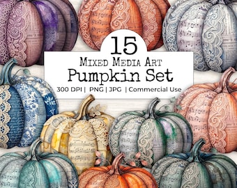 Halloween Pumpkin Clipart Bundle | Mixed Media Vintage Collage PNGs | Junk Journal Fussy Cut Ephemera | Printable Scrapbook Supplies