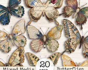 Mixed Media Fussy Cut Butterflies Clipart– Vintage Junk Journal Fussy Cut PNG Butterflies, Distressed Collage Ephemera for Scrapbooking