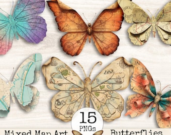 Mixed Media Junk Journal Fussy Cut Old Map Butterflies Clipart – Distressed Watercolor Vintage Collage Ephemera Printable Scrapbook Supplies