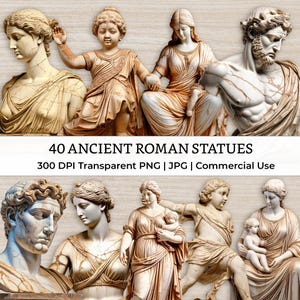 Puede incluir: Una colección de estatuas romanas antiguas en varias poses y estilos. Las estatuas son en tonos beige y marrón, algunas muestran signos de edad y desgaste. La imagen incluye el texto "40 ANCIENT ROMAN STATUES".