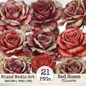 May include: A collection of digitally created red rose cliparts. The roses have a vintage aesthetic, with some petals featuring text from old documents. The image includes the text "Mixed Media Art," "21 PNGs," and "Red Roses Cliparts."