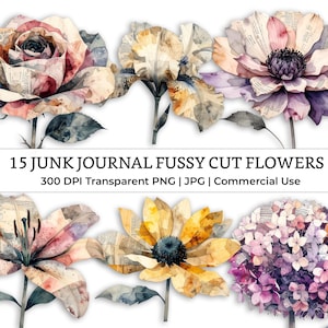 Mixed Media Junk Journal Fussy Cut Flowers Clipart – Distressed Watercolor Vintage Collage Ephemera Printable Scrapbook Supplies | Set 2