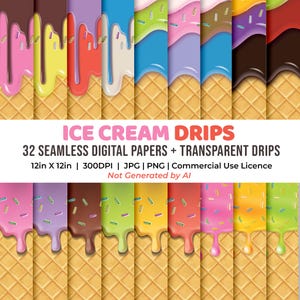 May include: A digital paper set with vibrant ice cream drips over waffle cone patterns. The image includes text that reads "ICE CREAM DRIPS" and "32 SEAMLESS DIGITAL PAPERS + TRANSPARENT DRIPS", with dimensions of 30.48cm x 30.48cm.