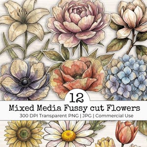 Clipart de flores recortadas con técnica mixta para diario basura: collage vintage de acuarela desgastada, suministros para álbumes de recortes imprimibles florales / Set 1