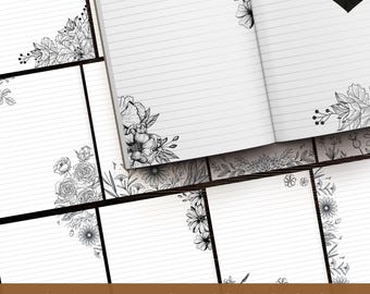 Black and White Floral Lined Paper, Printable Stationery Paper, Scrapbook Supply Writing Paper, Stationary Paper, Minimalist, Penpal Letter