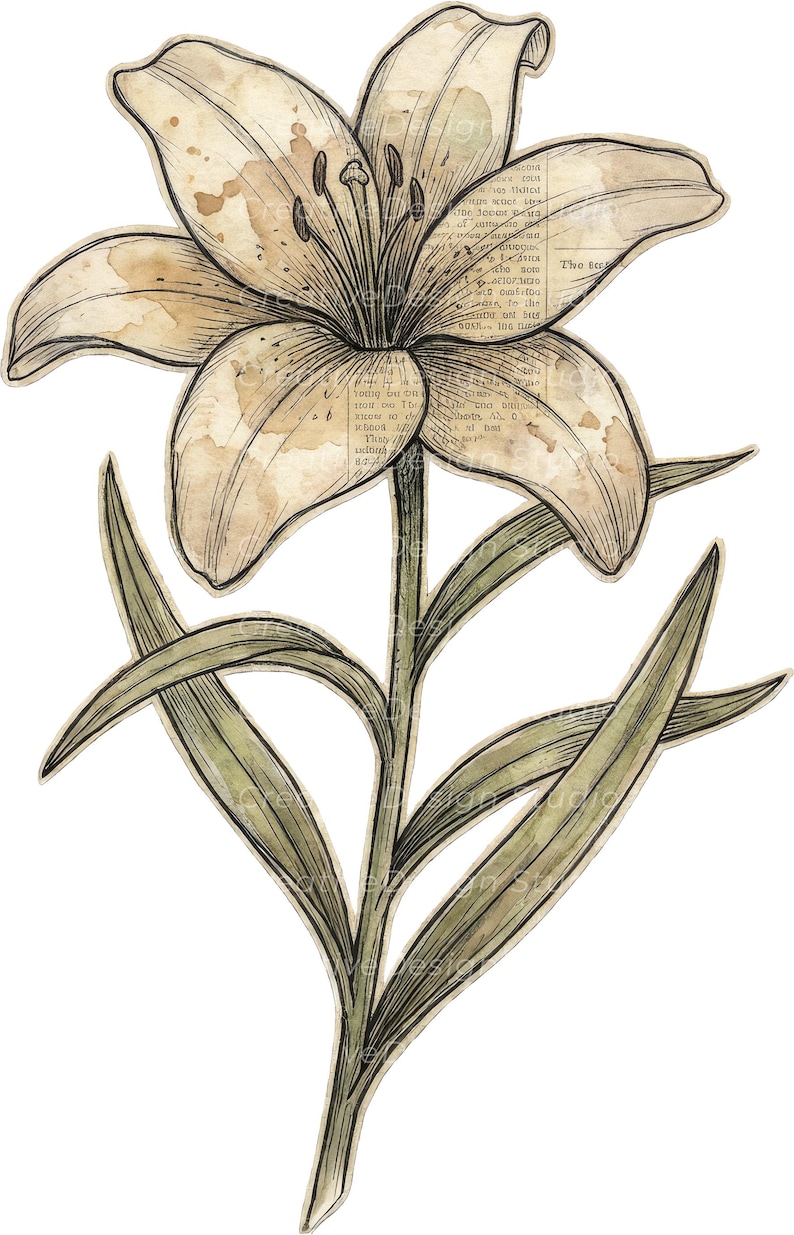 Op de afbeelding: Een botanische illustratie van een leliebloem met zes bloemblaadjes in beige en bruine tinten, voorzien van een vintage krantenprinttextuur. De bloem heeft een groene stengel en lange, puntige groene bladeren met donkere inktomlijningen.