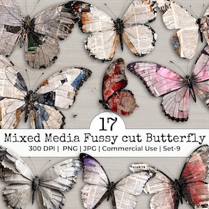 May include: A selection of 17 mixed media butterfly cutouts. The butterfly wings are crafted from newspaper cuttings, with touches of red, pink, and blue. The image includes the text "Mixed Media Fussy cut Butterfly".
