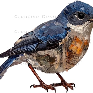 May include: A mixed-media bird figurine featuring a deep blue head and wings with textured brushstrokes, a white throat, and a body composed of layered paper collage elements with visible text. It has thin, dark brown legs and a sharp beak.