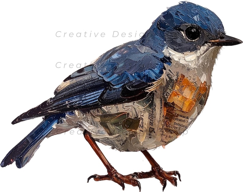 May include: A mixed-media bird figurine featuring a deep blue head and wings with textured brushstrokes, a white throat, and a body composed of layered paper collage elements with visible text. It has thin, dark brown legs and a sharp beak.