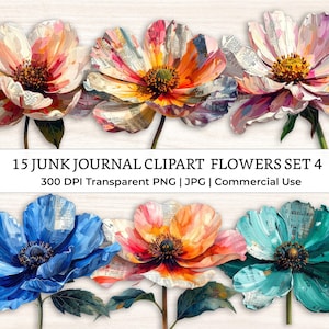 Clipart de flores recortadas con técnica mixta para diario basura: collage vintage de acuarela desgastada, efímera, suministros imprimibles para álbumes de recortes / Set 4