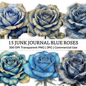 Clipart de rosas azules con cortes quisquillosos y flores de diario basura de técnica mixta: collage vintage de acuarela desgastada, suministros para álbumes de recortes imprimibles florales