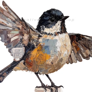 May include: A mixed media artwork of a bird with wings spread wide, featuring a black head, white chest, and brown, tan, and orange plumage. The body is composed of layered paint strokes and fragments of printed text, creating a textured appearance.