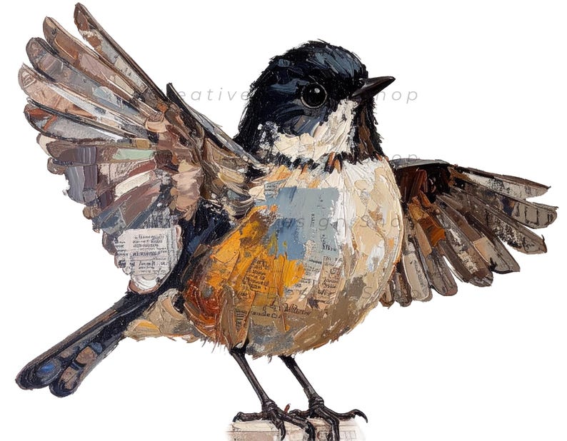 May include: A mixed media artwork of a bird with wings spread wide, featuring a black head, white chest, and brown, tan, and orange plumage. The body is composed of layered paint strokes and fragments of printed text, creating a textured appearance.