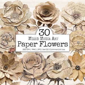 May include: A collection of thirty mixed media paper flowers crafted from vintage-style printed text and musical notation sheets. The flowers feature layered petals in shades of beige and cream, some accented with small beads or botanical illustrations.