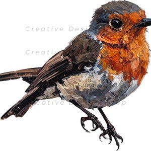 May include: An oil painting of a European robin with a bright orange breast, dark brown wings, and a greyish-white belly. The bird has a black beak and dark eyes, rendered with thick, visible brushstrokes. The text Creative Design is visible.