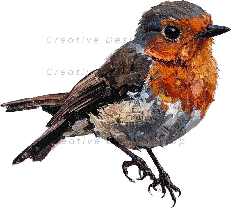 May include: An oil painting of a European robin with a bright orange breast, dark brown wings, and a greyish-white belly. The bird has a black beak and dark eyes, rendered with thick, visible brushstrokes. The text Creative Design is visible.