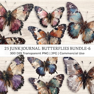 May include: A collection of digitally created butterfly images with various color schemes, including pink, blue, and brown. The text "25 JUNK JOURNAL BUTTERFLIES BUNDLE-6" is displayed at the bottom of the image.