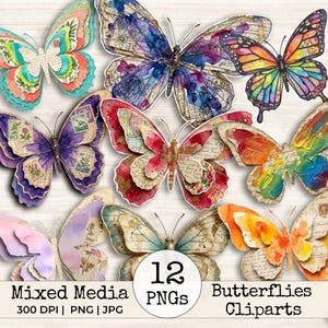 Puede incluir: Una colección de doce ilustraciones digitales de mariposas con estilos de técnica mixta, que incluyen lavados de acuarela, escritura vintage, patrones florales, sellos postales y paletas de colores arcoíris, con el texto 12 PNGs Mixed Media Butterflies Cliparts.
