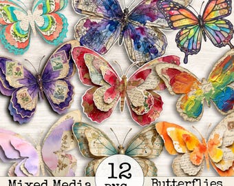 Mixed Media Junk Journal Fussy Cut Butterflies Clipart – Distressed Watercolor Vintage Collage Ephemera Printable Scrapbook Supplies