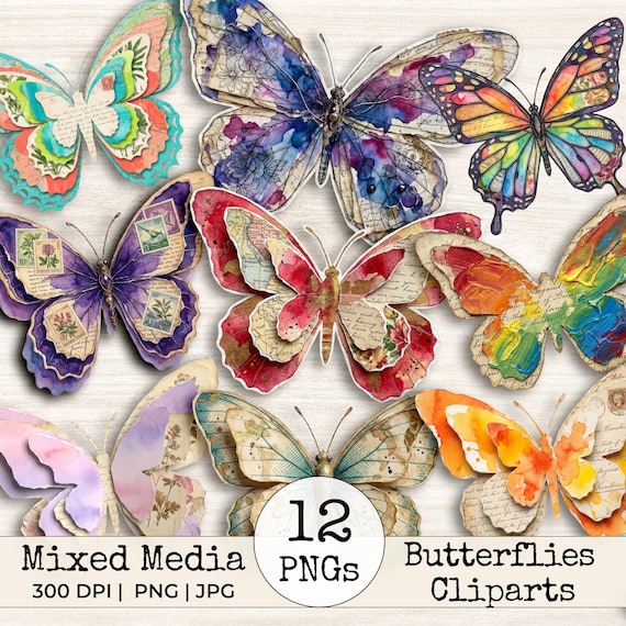 Mixed Media Junk Journal Fussy Cut Butterflies Clipart – Distressed Watercolor Vintage Collage Ephemera Printable Scrapbook Supplies