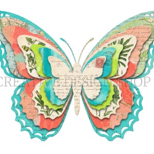 Puede incluir: Una mariposa de papel multicapa con bordes troquelados intrincados en color verde azulado, coral, verde lima y crema. Las alas muestran patrones de mapas antiguos, ilustraciones bot&aacute;nicas y texto en cursiva. El texto CREATIVE DESIGN SHOP es visible.