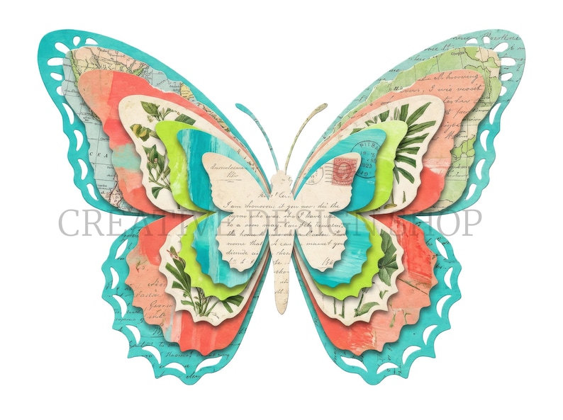 Puede incluir: Una mariposa de papel multicapa con bordes troquelados intrincados en color verde azulado, coral, verde lima y crema. Las alas muestran patrones de mapas antiguos, ilustraciones bot&aacute;nicas y texto en cursiva. El texto CREATIVE DESIGN SHOP es visible.