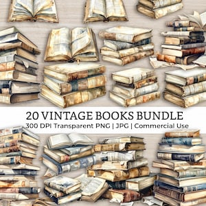 May include: A collection of watercolor illustrations of vintage books. The image features stacks of books, open books, and individual books with aged covers and pages. The text "20 VINTAGE BOOKS BUNDLE" is displayed at the bottom of the image.