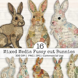 Pode incluir: Dezasseis recortes de coelhos em técnica mista em vários designs. Os coelhos são decorados com papel vintage, padrões florais e notas musicais. A paleta de cores inclui tons bege, castanhos e pastel. O texto "Mixed Media Fussy cut Bunnies" é visível.