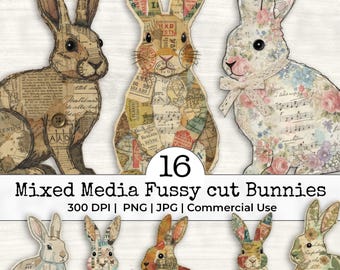 Mixed Media Junk Journal Fussy Cut Bunny Clipart – Distressed Watercolor Vintage old text Collage Ephemera Scrapbook Supplies