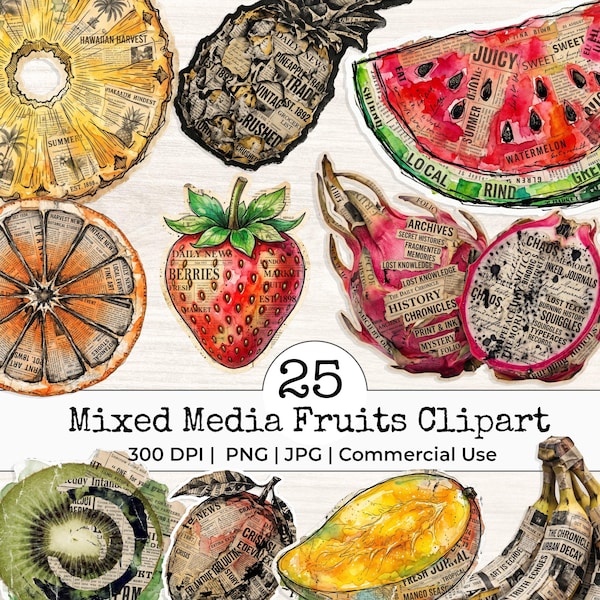 Mixed Media Fruit Fussy Cut PNG | Grunge Distressed Fruit Ephemera | Watercolor Botanical Clipart | Junk Journal Scrapbook Kit | Sublimation