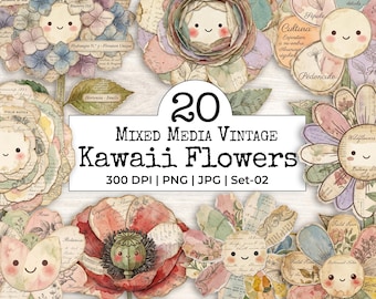 Mixed Media Kawaii Floral Clipart Bundle | Cottagecore Grunge Flower PNGs | Vintage Ephemera | Whimsical Shabby Chic Junk Journal Collage