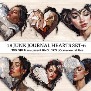 Set de 18 imágenes prediseñadas de corazones recortados para diario basura (6 unidades), estilo vintage, para scrapbooking, con efecto desgastado para San Valentín (PNG, JPG)