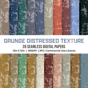 Puede incluir: Una colección de 20 papeles digitales sin costuras con una textura grunge desgastada. Los papeles miden 30,48 cm x 30,48 cm y presentan una variedad de colores, incluyendo tonos de marrón, azul, verde y naranja. La imagen también incluye el texto "GRUNGE DISTRESSED TEXTURE".