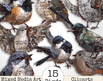Mixed Media Junk Journal Fussy Cut Birds Clipart – Distressed Watercolor Vintage Collage Floral Printable Scrapbook Supplies | Set 2