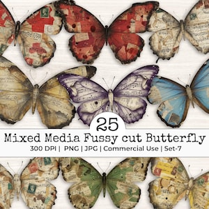 Mixed Media Junk Journal Fussy Cut Butterflies Clipart – Distressed Watercolor Vintage Collage Ephemera Printable Scrapbook Supplies | Set 6