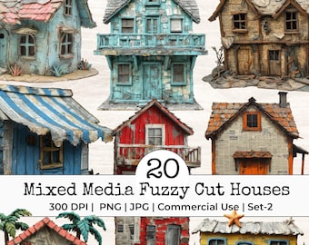 Mixed Media Houses Collage PNG – Vintage Grunge Architecture Clipart, Textured Paper Homes, Junk Journal Ephemera, Artistic Printable Set-2